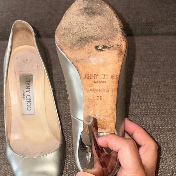 Gently Loved “Romy” Jimmy Choo Metallic Silver Heels - Picture 6 of 8
